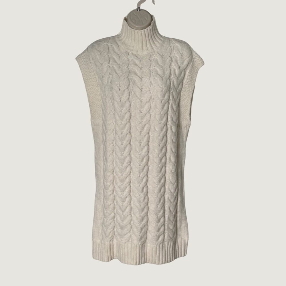 FORE Cable Knit Turtleneck Tunic Sweater Dress Cream Sz S Sleeveless